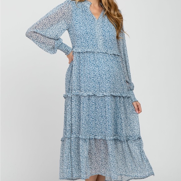 PinkBlush Blue Floral Print Ruffle Tiered Maternity Dress - Picture 2 of 9